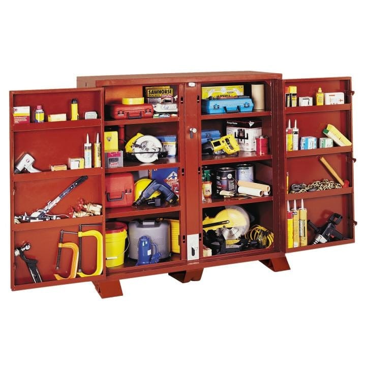 Interior view of a red JOBOX cabinet with both doors open, revealing organized shelves filled with tools, safety gear, and supplies