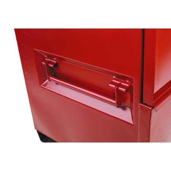 Close-up of a recessed metal handle mounted on the red steel exterior of a JOBOX cabinet, designed for secure grip and manual operation.