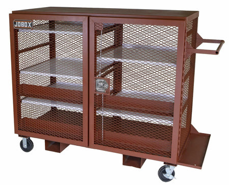 Heavy-duty JOBOX mesh cabinet with two locking doors, three interior shelves, caster wheels, side handle, and forklift skids for mobile industrial storage.