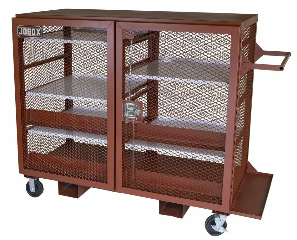Heavy-duty JOBOX mesh cabinet with two locking doors, three interior shelves, caster wheels, side handle, and forklift skids for mobile industrial storage.