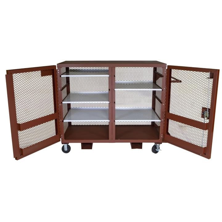 Brown JOBOX mesh cabinet with white shelves and caster wheels, doors open to reveal two vertical storage sections with organized tools and supplies.