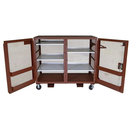 Brown JOBOX mesh cabinet with white shelves and caster wheels, doors open to reveal two vertical storage sections with organized tools and supplies.