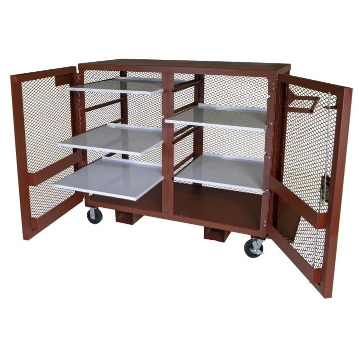 Brown metal JOBOX cabinet with mesh doors and white adjustable shelves, shown open with three vertical storage sections and a visible locking mechanism.