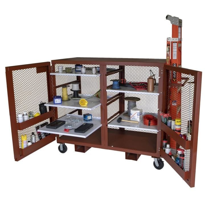 Open brown JOBOX mesh cabinet with white shelves holding tools, spray cans, wire, and containers; includes side-mounted fire extinguisher and caster wheels