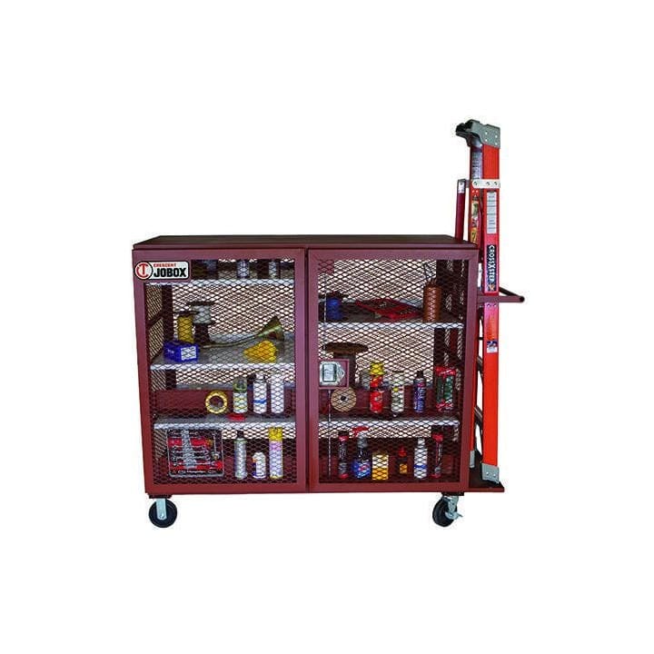 JOBOX mesh cabinet with shelves storing spray cans, tape, and tools; a step ladder is attached to the side, showing jobsite-ready mobility and organization.