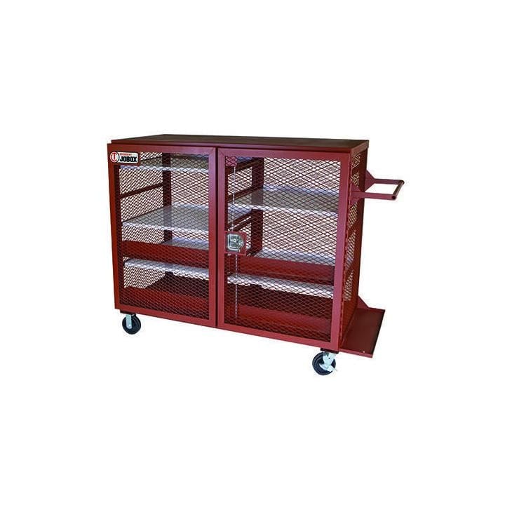Red JOBOX metal storage cart with mesh doors, multiple shelves, caster wheels, and locking mechanism, designed for secure mobile tool organization.