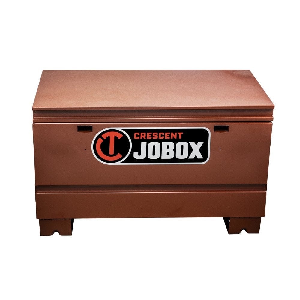 A front-facing view of the brown Crescent JOBOX 36-inch Tradesman steel jobsite chest, closed, displaying the JOBOX logo and the enclosed dual lock system.