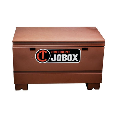 A front-facing view of the brown Crescent JOBOX 36-inch Tradesman steel jobsite chest, closed, displaying the JOBOX logo and the enclosed dual lock system.