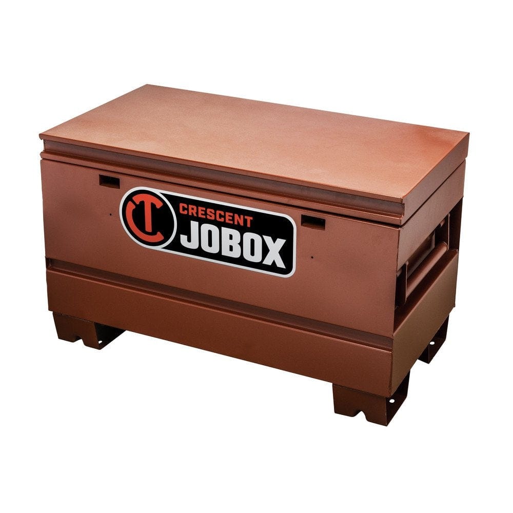 A close-up of the bottom right corner of the brown Crescent JOBOX 36-inch Tradesman steel jobsite chest, highlighting the integrated EZ-Loader skid bolster and the recessed handle.