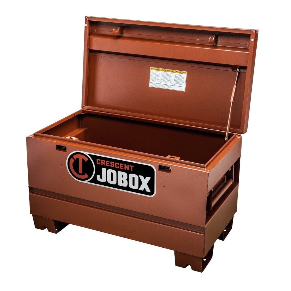 A three-quarter front view of the brown Crescent JOBOX 36-inch Tradesman steel jobsite chest with its lid fully open, revealing the empty interior.