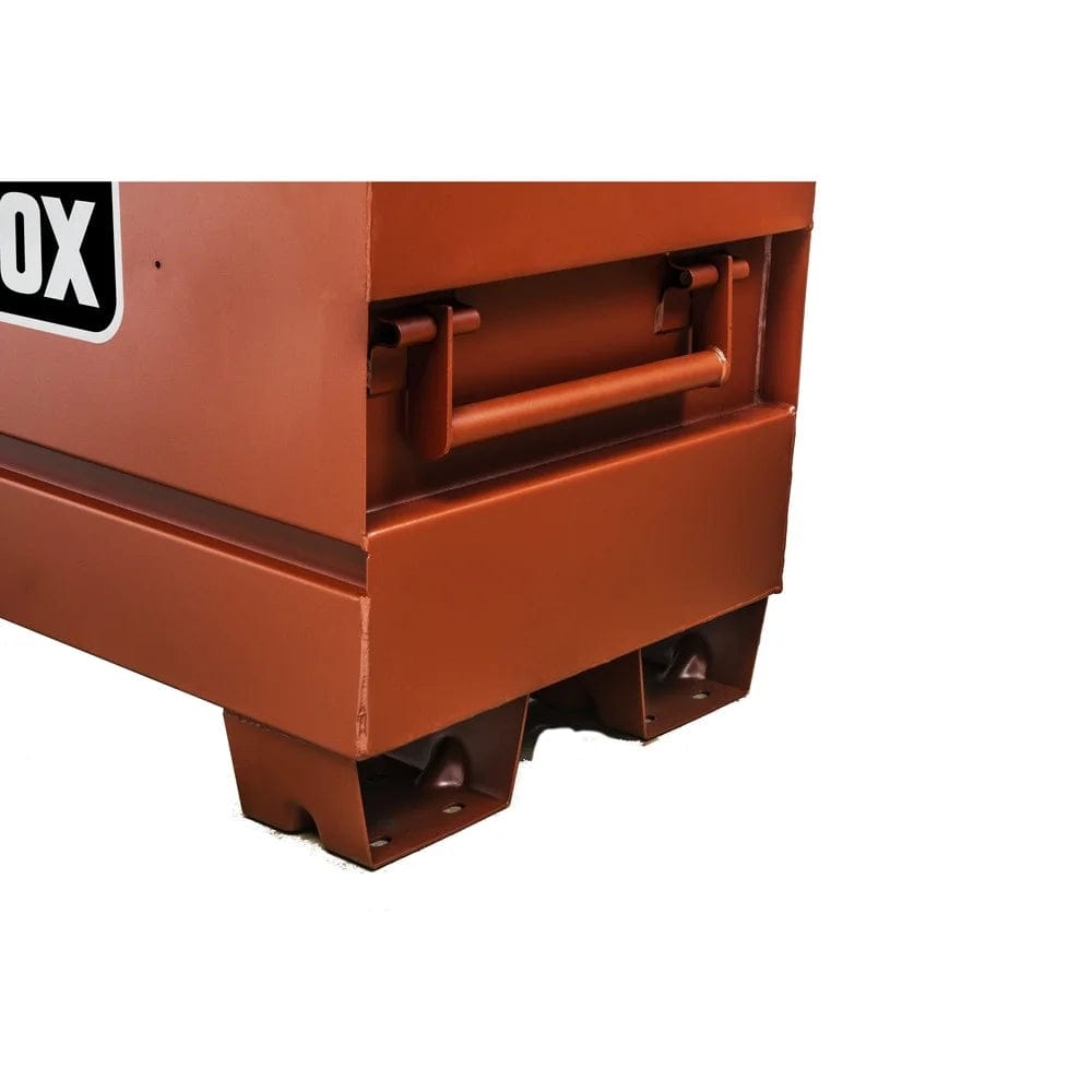 A three-quarter side view of the brown Crescent JOBOX 36-inch Tradesman steel jobsite chest, closed, displaying the JOBOX logo and recessed handles.