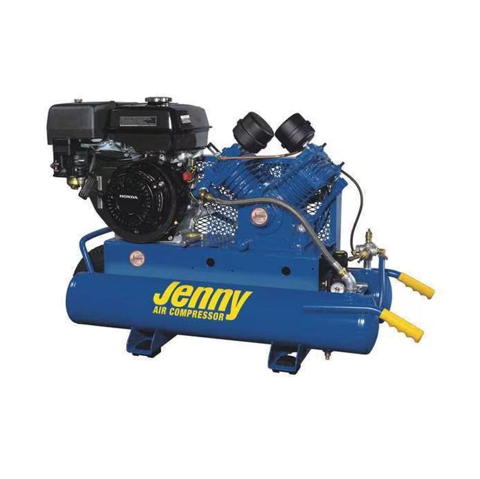 Jenny G9HGA-8P portable gas air compressor featuring a 9 HP Honda engine, a blue wheelbarrow style 8-gallon twin tank, and a single-stage cast iron pump for jobsite pneumatic tool power.
