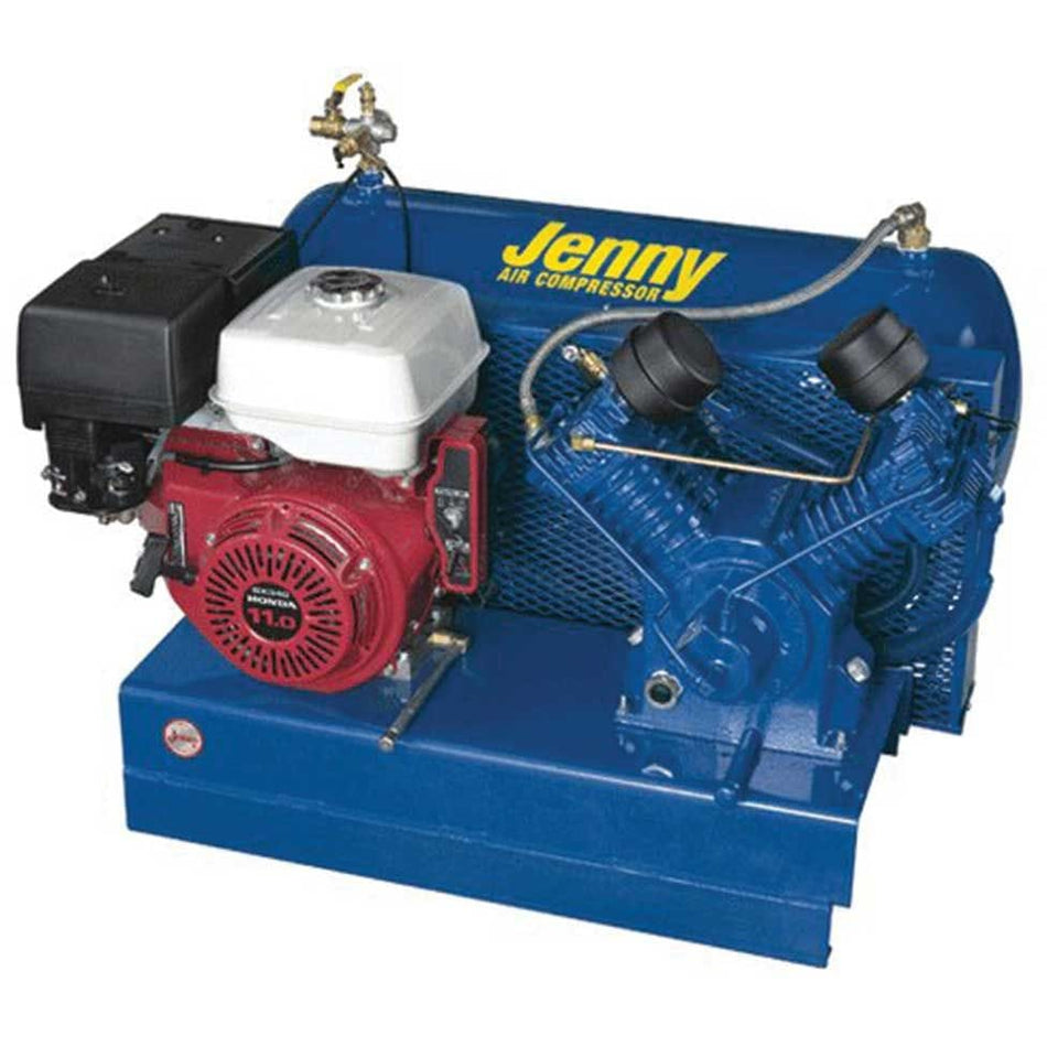 Jenny W13HGB-SM 13HP Honda GX gasoline powered two stage air compressor featuring a blue base mount frame, red engine housing, and heavy-duty cast iron piston pump for stationary construction use.