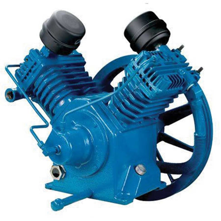 Close-up of the Jenny heavy-duty two-stage cast iron air compressor pump assembly showing the finned cylinders, dual air intake filters, and flywheel for industrial grade cooling.