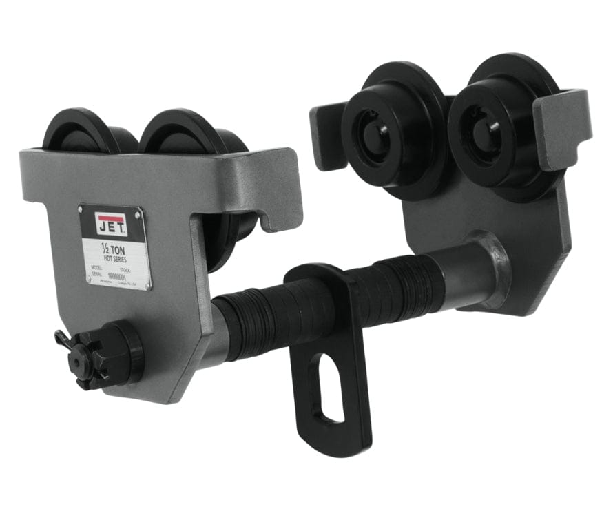 Studio angle view of the grey Jet 1/2-HDT manual beam trolley featuring four black wheels, a threaded adjustable width crossbar with washers, and a distinct lower hanging eyelet for lifting attachments