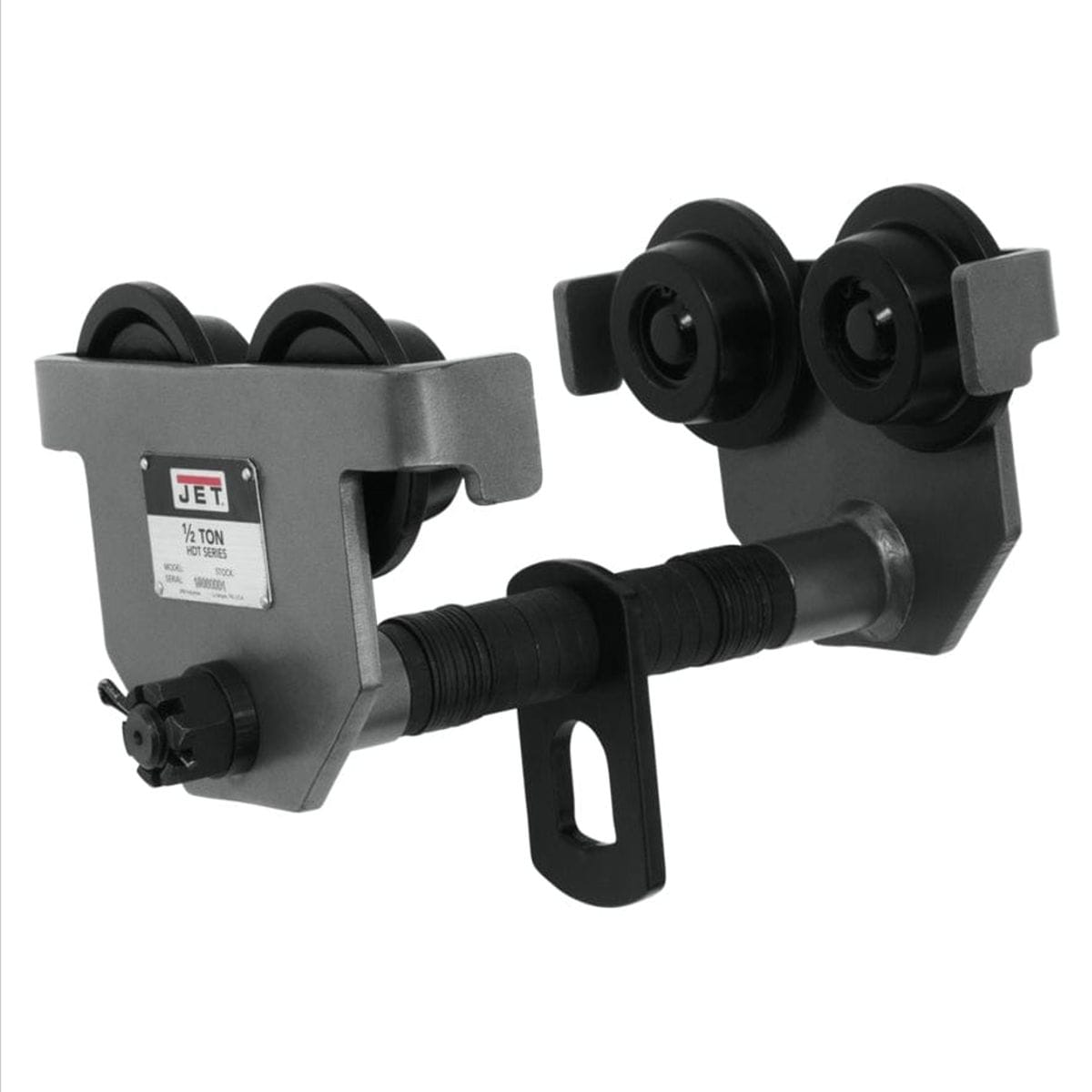 Studio angle view of the grey Jet 1/2-HDT manual beam trolley featuring four black wheels, a threaded adjustable width crossbar with washers, and a distinct lower hanging eyelet for lifting attachments