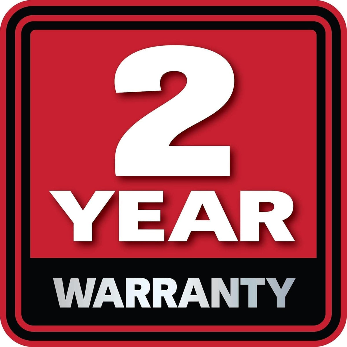 Red and black square badge displaying the text 2 Year Warranty in large white block letters