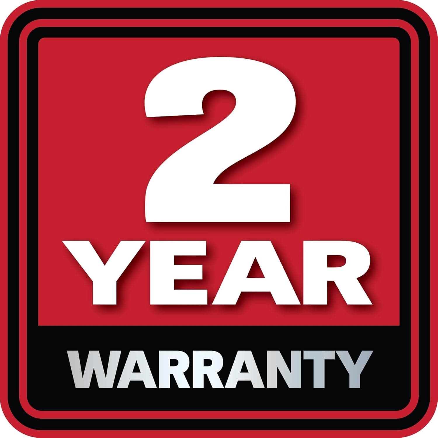 Red and black square badge displaying the text 2 Year Warranty in large white block letters