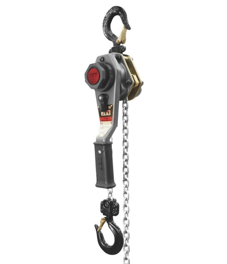 A studio shot of the Jet JLH-75WO-10 3/4-ton lever hoist, showing its gray all-steel body, top hook, bottom hook, and load chain.