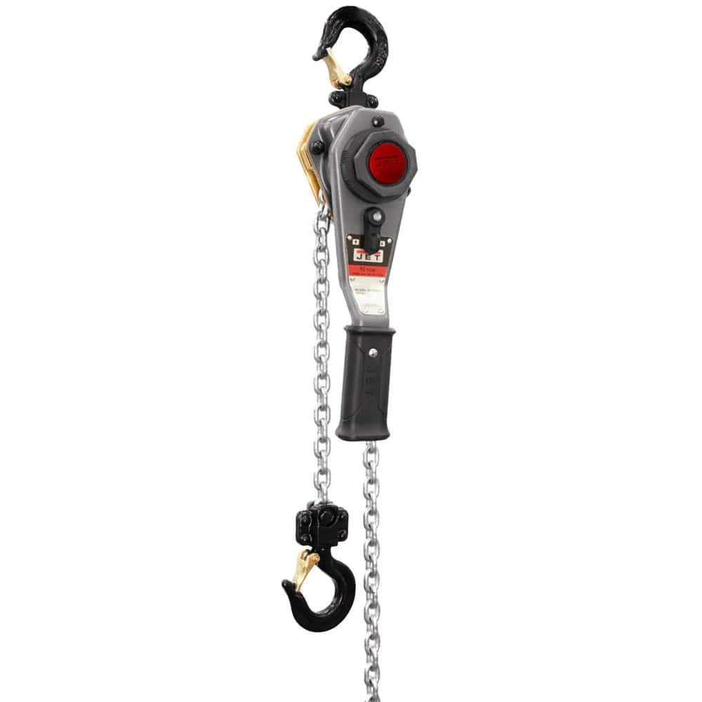 A full studio shot of the Jet JLH 3/4-ton lever hoist, showing the hoist body, ergonomic handle, and the top and bottom hooks with the load chain.