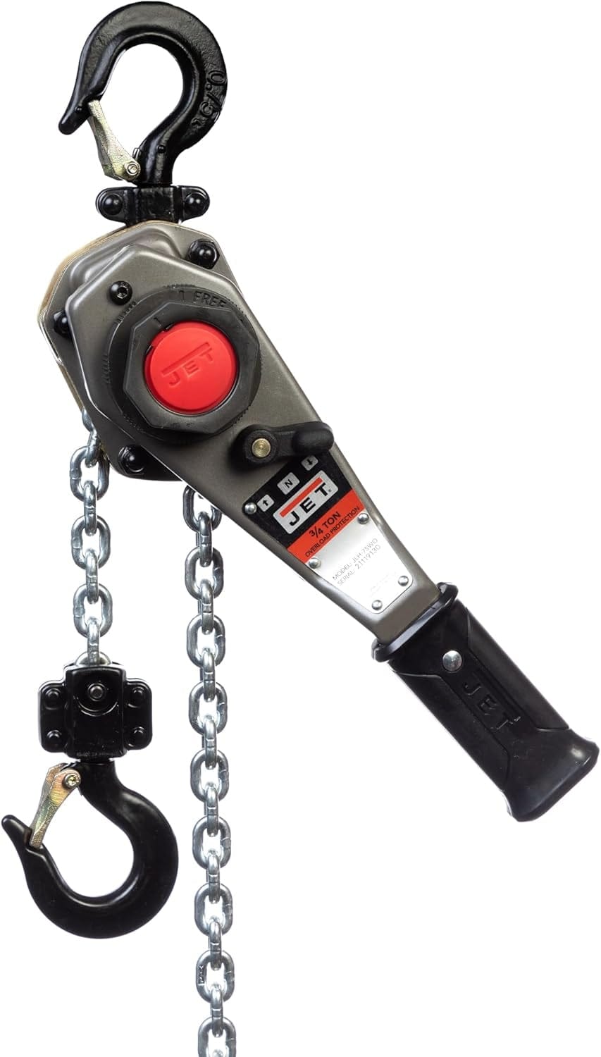 A side profile studio shot of the Jet JLH 3/4-ton lever hoist, highlighting the ergonomic handle, red selector knob, and load chain.
