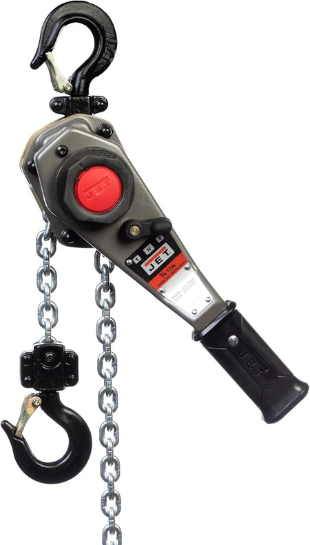 A side profile studio shot of the Jet JLH 3/4-ton lever hoist, highlighting the ergonomic handle, red selector knob, and load chain.
