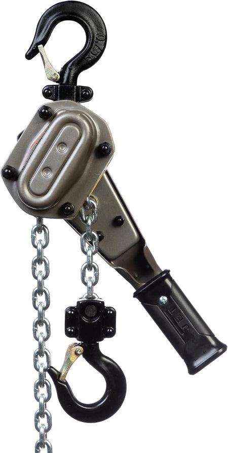 A reverse-angle studio shot of the Jet JLH 3/4-ton lever hoist, showing the back of the hoist body, handle, and the black hooks with safety latches.
