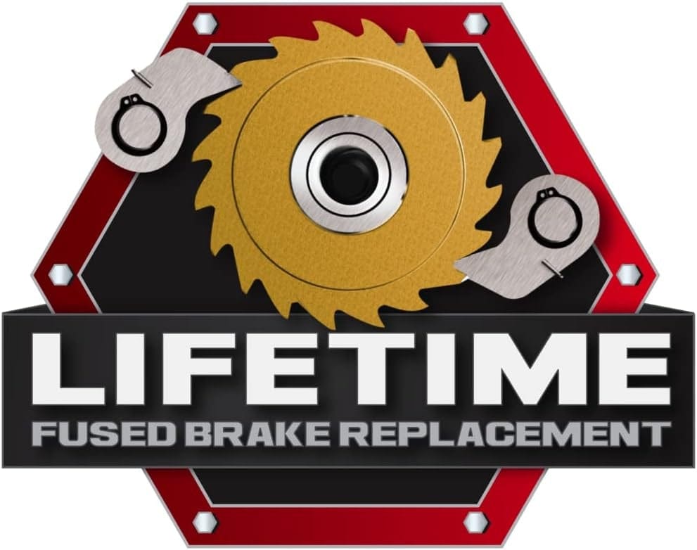 An informational logo for the "LIFETIME FUSED BRAKE REPLACEMENT" warranty, showing the brake components inside a hexagonal icon.