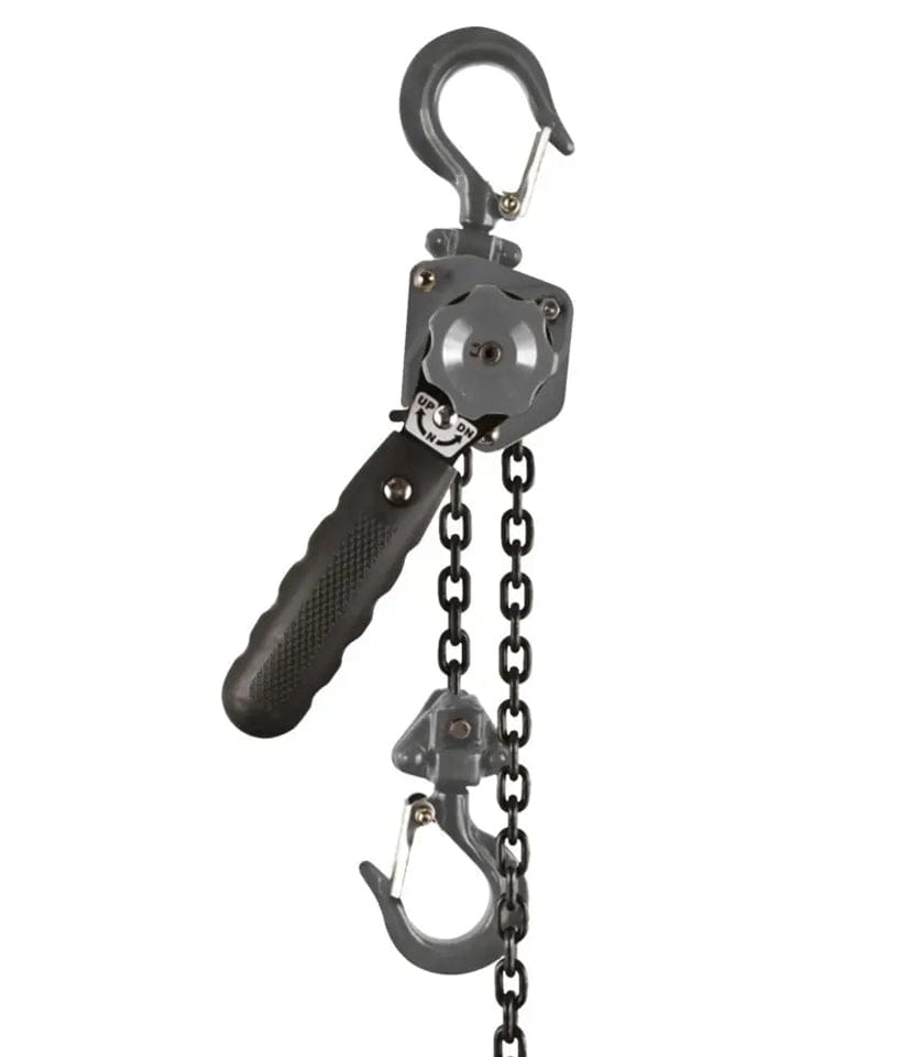 Image of JET JLP-025A-5 JLP-A Series 1/4 Ton Mini-Puller, 5' Lift. 
This is a gray, heavy-duty manual chain hoist, designed for lifting and pulling. It features a textured black grip handle for operation, two robust hooks on either end for attachment, and two lengths of dark metal chain hanging vertically from the main mechanism.