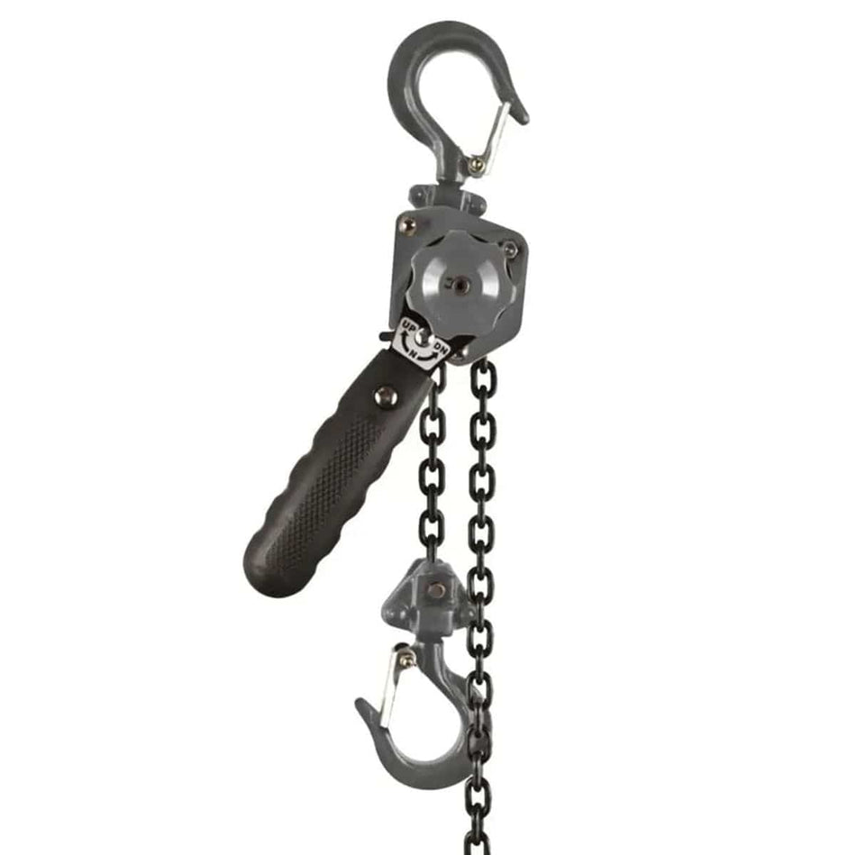 Image of JET JLP-025A-5 JLP-A Series 1/4 Ton Mini-Puller, 5' Lift. 
This is a gray, heavy-duty manual chain hoist, designed for lifting and pulling. It features a textured black grip handle for operation, two robust hooks on either end for attachment, and two lengths of dark metal chain hanging vertically from the main mechanism.