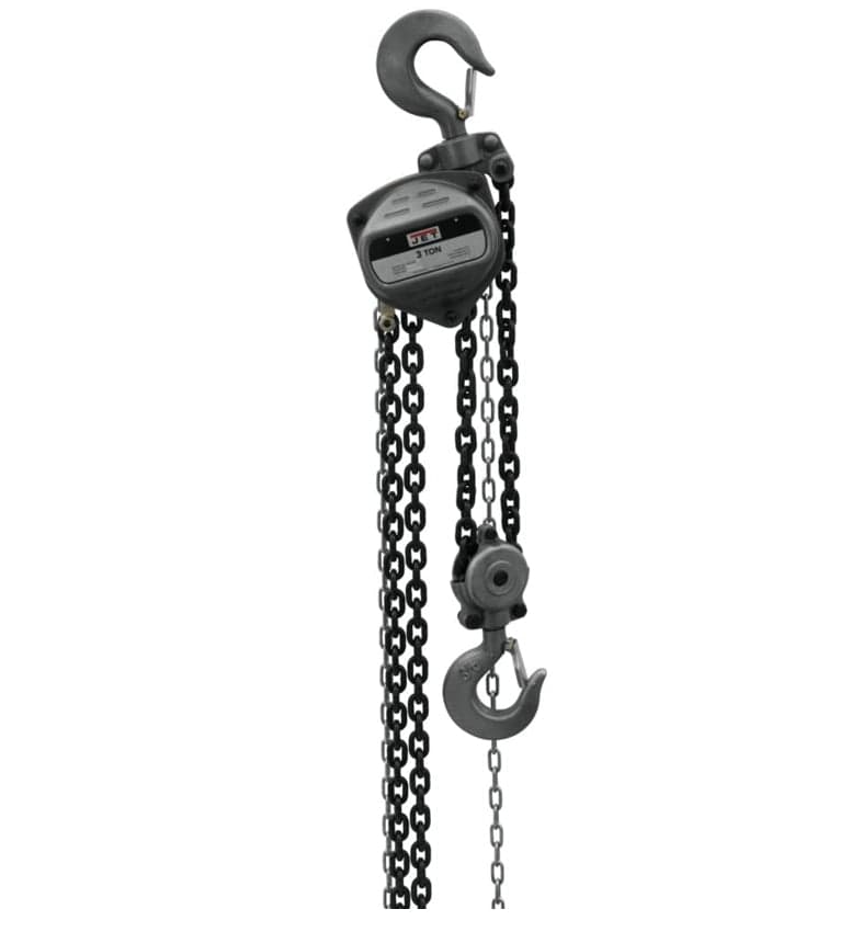 A full studio shot of the Jet S90 series 3-ton hand chain hoist, showing the hoist body, the bottom hook, and the black oxide Grade 80 load chain.