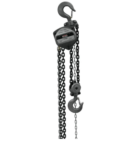 A full studio shot of the Jet S90 series 3-ton hand chain hoist, showing the hoist body, the bottom hook, and the black oxide Grade 80 load chain.