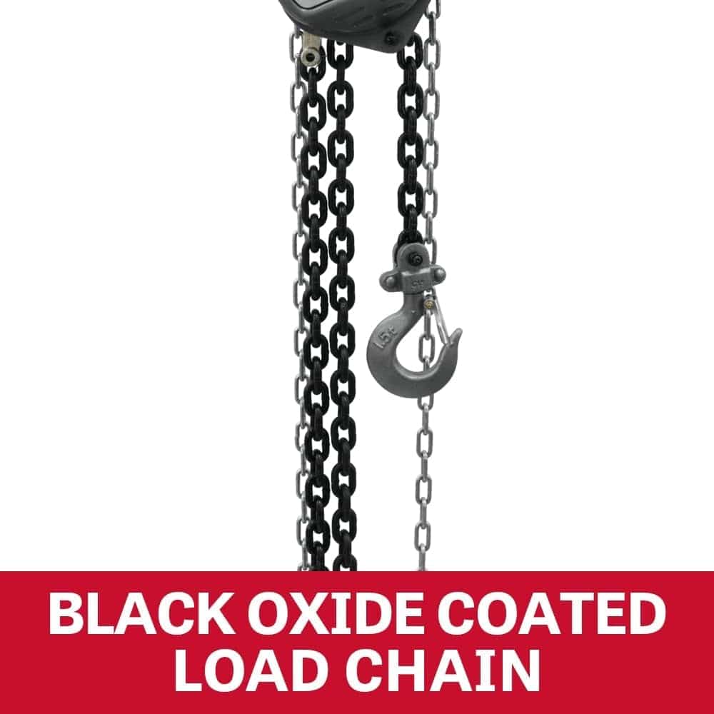 An informational graphic showing the black oxide coated load chain and the bottom hook of the Jet hoist, with the text "BLACK OXIDE COATED LOAD CHAIN" on a red banner below.