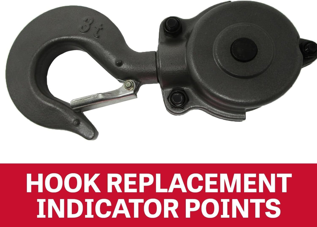 An informational graphic showing a close-up of the 3-ton top hook on the Jet hoist, with the text "HOOK REPLACEMENT INDICATOR POINTS" on a red banner below.