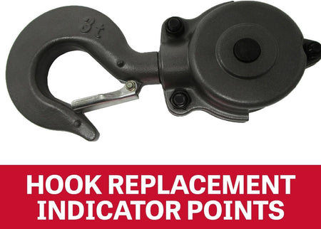 An informational graphic showing a close-up of the 3-ton top hook on the Jet hoist, with the text "HOOK REPLACEMENT INDICATOR POINTS" on a red banner below.