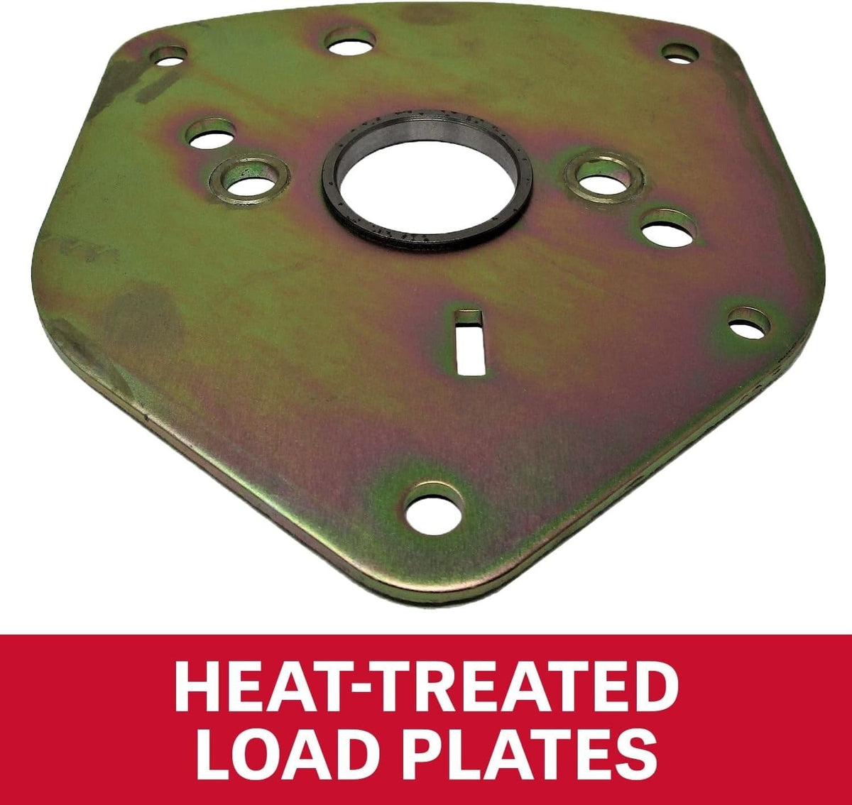 An informational graphic showing a single heat-treated internal load plate for the Jet hoist, with the text "HEAT-TREATED LOAD PLATES" on a red banner below.