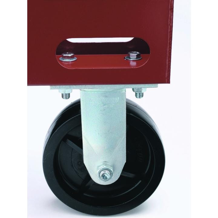 Close-up of a caster wheel mounted to the bottom of a red Jobox chest. The black wheel is attached to a metal bracket with bolts, allowing for smooth mobility in industrial settings