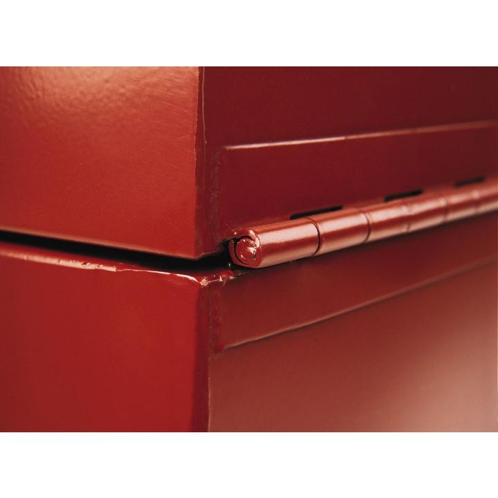 Red cylindrical hinge connecting two panels of a Jobox metal storage chest. The hinge is welded and aligned for secure lid operation, highlighting the chest’s heavy-duty construction.