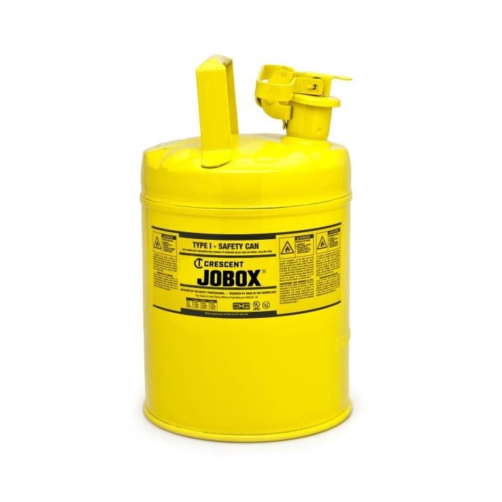 Studio view of the yellow Jobox 5-gallon Type 1 safety can featuring a heavy-duty handle and spring-loaded lid mechanism with safety warning labels.