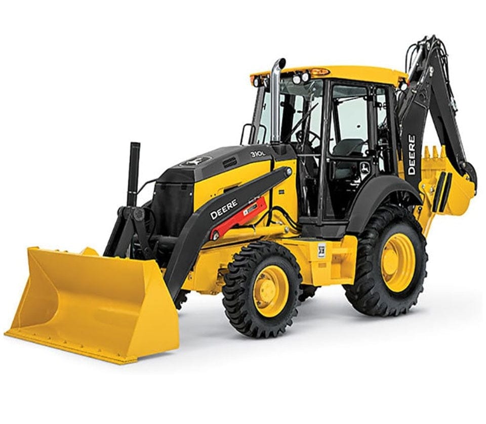 John Deere 310L EP backhoe loader in yellow and black with front loader bucket and rear backhoe attachment, designed for trenching, lifting, and site preparation in construction and utility work.