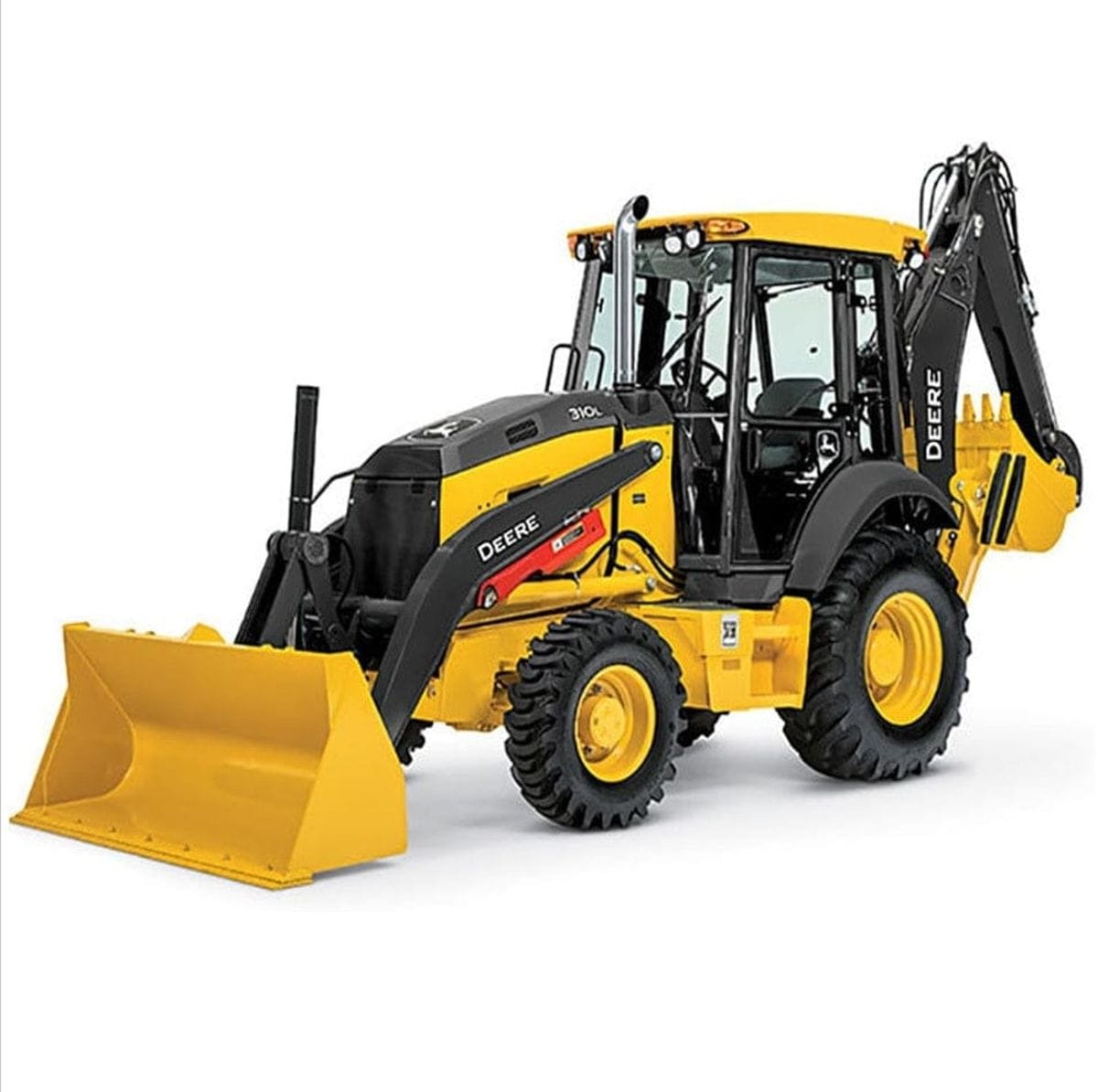 John Deere 310L EP backhoe loader in yellow and black with front loader bucket and rear backhoe attachment, designed for trenching, lifting, and site preparation in construction and utility work.