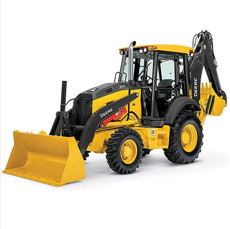 John Deere 310L EP backhoe loader in yellow and black with front loader bucket and rear backhoe attachment, designed for trenching, lifting, and site preparation in construction and utility work.
