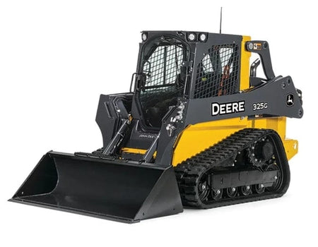 Studio angled view of the John Deere 325G compact track loader featuring a yellow and black body, rubber tracks, enclosed cab, and a heavy-duty front bucket.