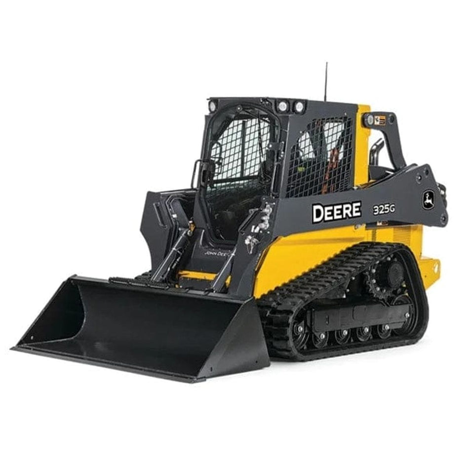 Studio angled view of the John Deere 325G compact track loader featuring a yellow and black body, rubber tracks, enclosed cab, and a heavy-duty front bucket.