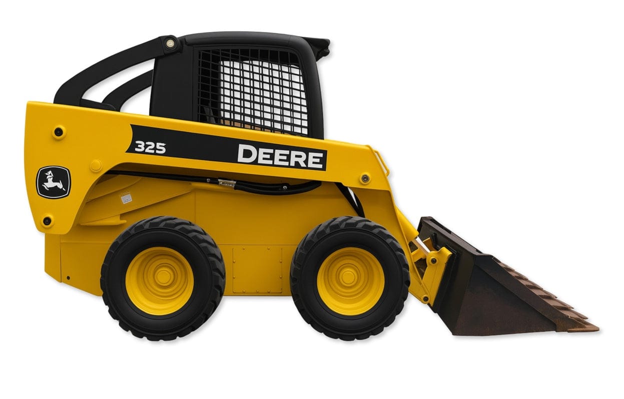 John Deere 325 skid steer loader with front-mounted bucket, four rubber tires, and protective cab, shown in yellow and black with visible branding and model number. Designed for compact construction and material handling tasks.