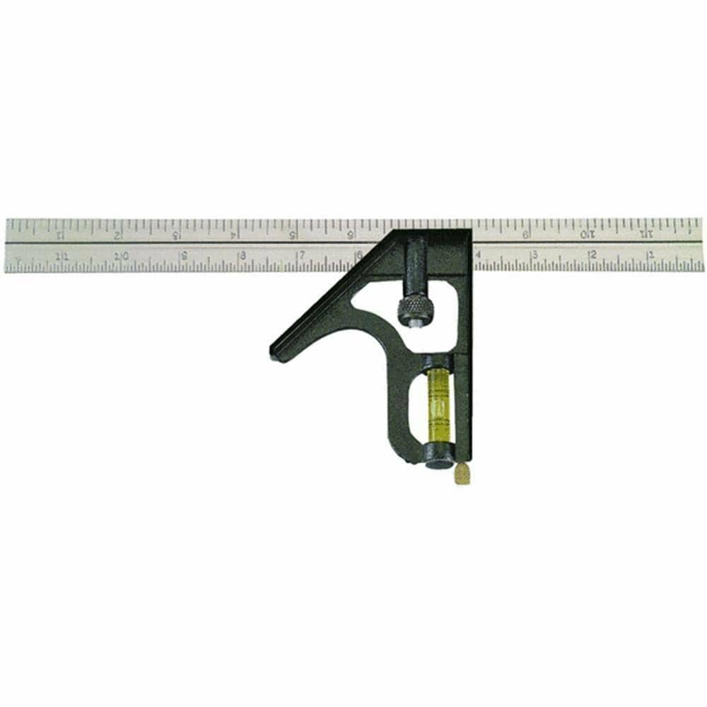 A Johnson 16 inch combination square with a stainless steel ruler blade and a black CNC machined cast zinc head that includes a yellow acrylic level vial.