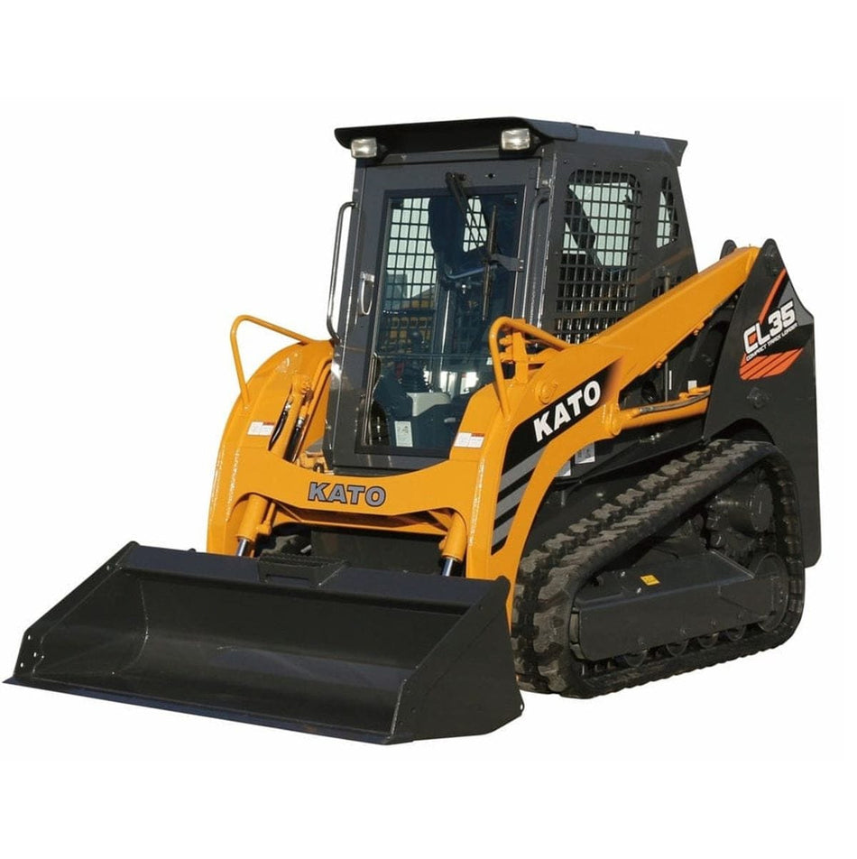 KATO CL35 compact track loader with rubber tracks and front-mounted bucket, enclosed cab with metal grating, designed for heavy-duty tasks in confined spaces
