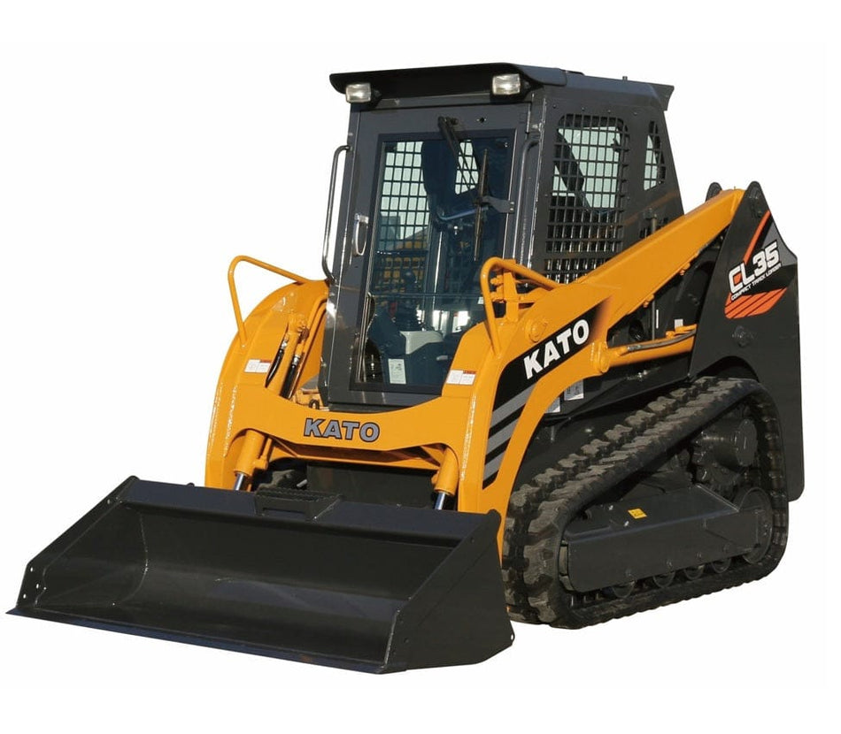 KATO CL35 compact track loader with rubber tracks and front-mounted bucket, enclosed cab with metal grating, designed for heavy-duty tasks in confined spaces