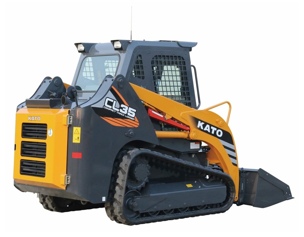 Side view of KATO CL35 compact track loader with tracked undercarriage, enclosed cab, and front bucket attachment, used for digging and grading on construction sites.