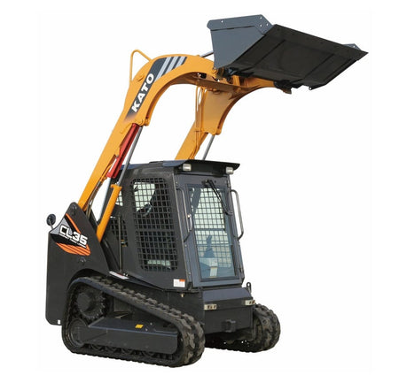 KATO CL35 compact track loader with raised bucket and hydraulic arms, enclosed cab with protective grating, designed for earthmoving and material handling.